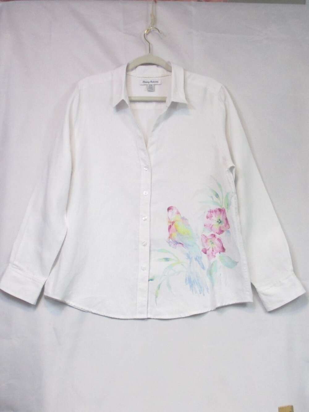 Tommy Bahama Sz Large Shirt Womens White Linen Parrot Floral Button Front Print